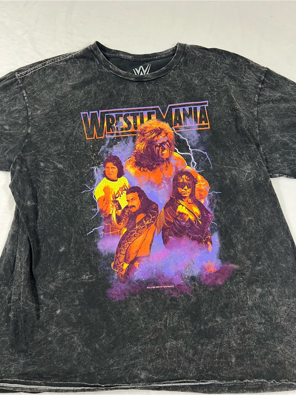 WWE Black Short Sleeve WrestleMania Graphic Tee with Purple & Orange Print